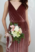 Vestido de Dama de Honra de Veludo com Decote em V, Comprido, para Festa Formal Feminina com Fenda
