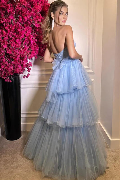 Vestido de fiesta largo de tul con volantes y corte A