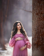 Kleid mit Puffärmeln für Schwangere, Tüllrobe für Fotoshooting, schulterfreies Umstandskleid zur Babyparty