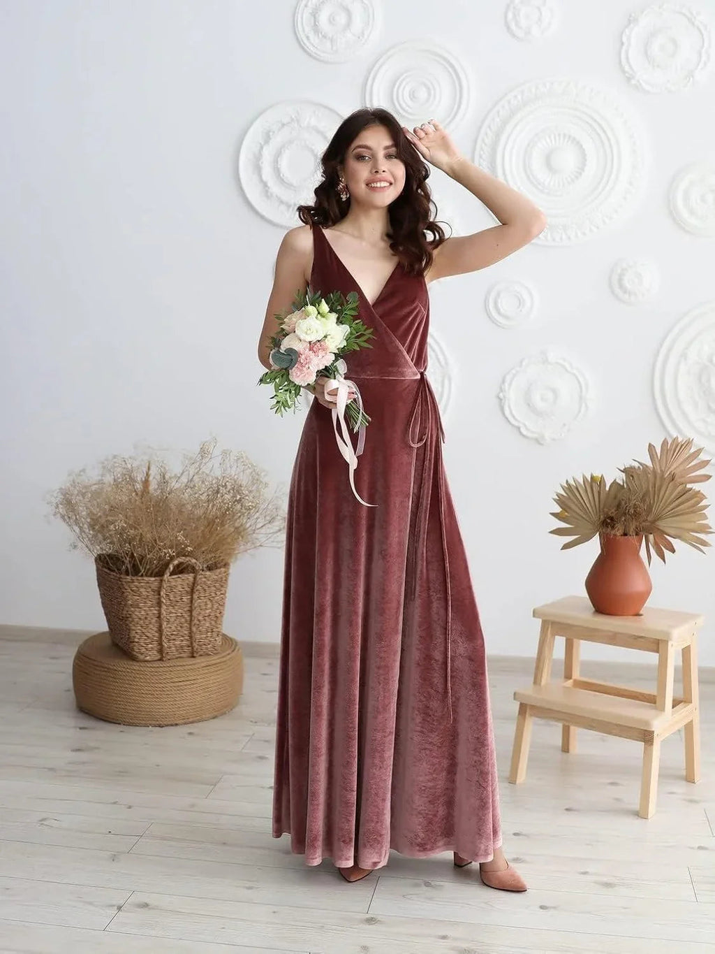 Vestido de Dama de Honra de Veludo com Decote em V, Comprido, para Festa Formal Feminina com Fenda