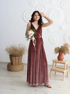 Vestido de Dama de Honra de Veludo com Decote em V, Comprido, para Festa Formal Feminina com Fenda