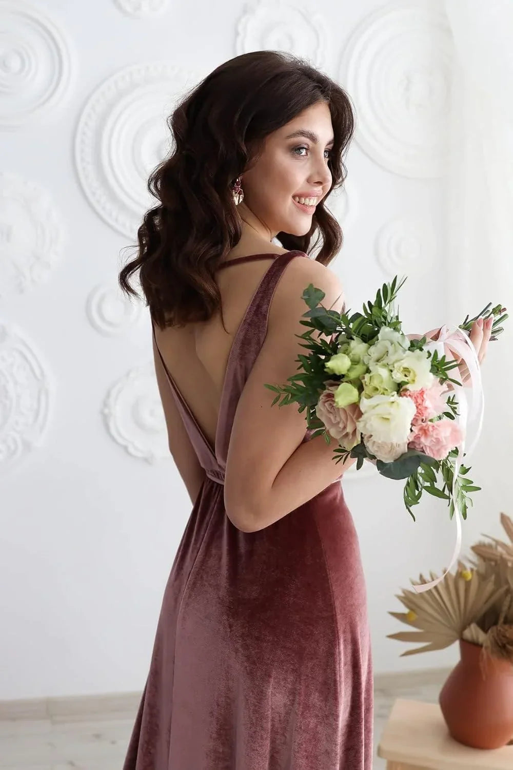 Vestido de Dama de Honra de Veludo com Decote em V, Comprido, para Festa Formal Feminina com Fenda