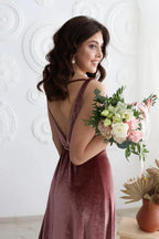 Vestido de Dama de Honra de Veludo com Decote em V, Comprido, para Festa Formal Feminina com Fenda