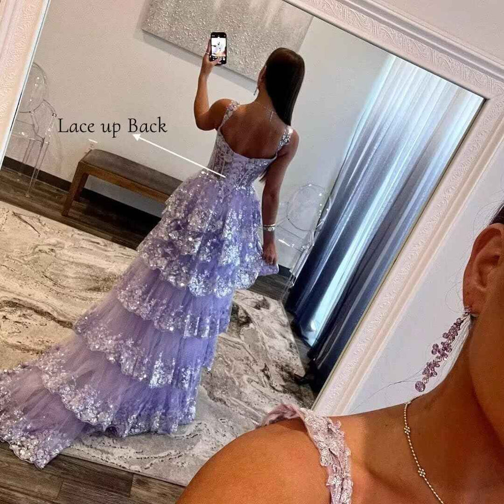 Sparkly Tiered Lace Tulle Prom Dress With Spaghetti Straps Corset Gown Slit