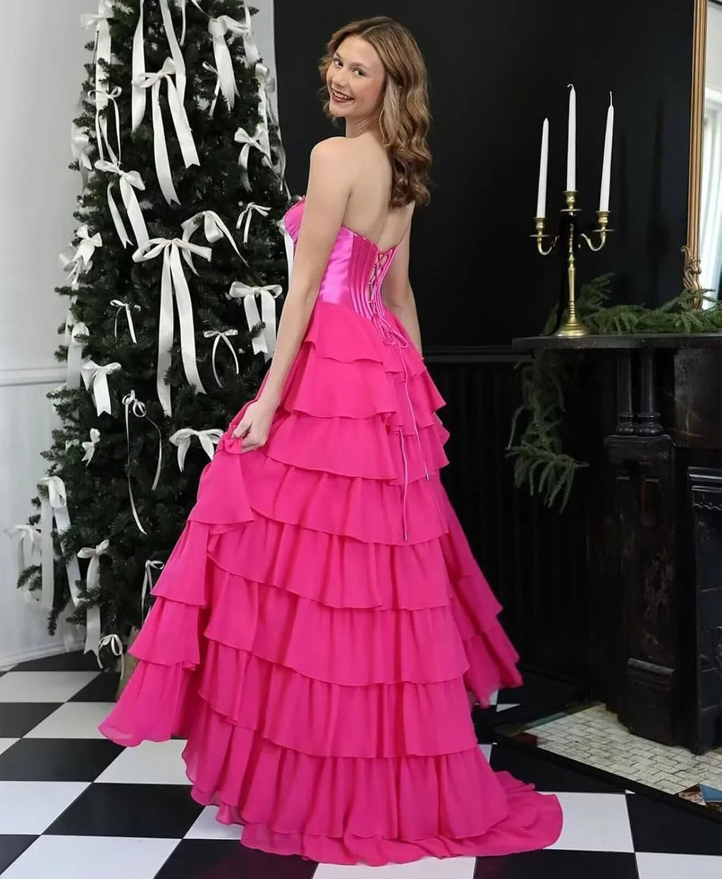 Abito da sera formale lungo a balze in chiffon con spacco, corpetto senza spalline, abito da ballo 2025 per donna