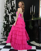 Abito da sera formale lungo a balze in chiffon con spacco, corpetto senza spalline, abito da ballo 2025 per donna