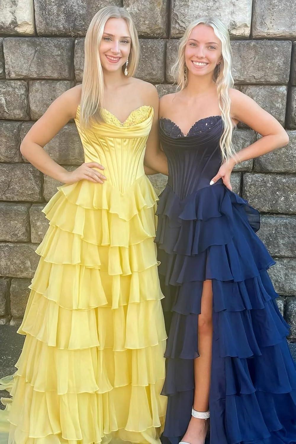 Abito da sera formale lungo a balze in chiffon con spacco, corpetto senza spalline, abito da ballo 2025 per donna