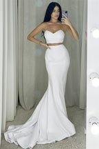 Two Piece Strapless Long Mermaid White Prom Dress