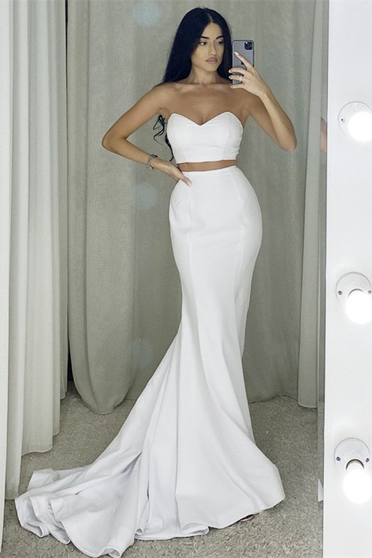 Two Piece Strapless Long Mermaid White Prom Dress
