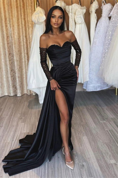 Vestido de fiesta negro largo con escote en forma de corazón, de satén, con abertura frontal y mangas