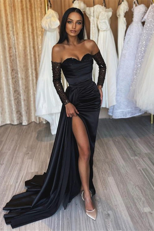 Vestido de fiesta negro largo con escote en forma de corazón, de satén, con abertura frontal y mangas