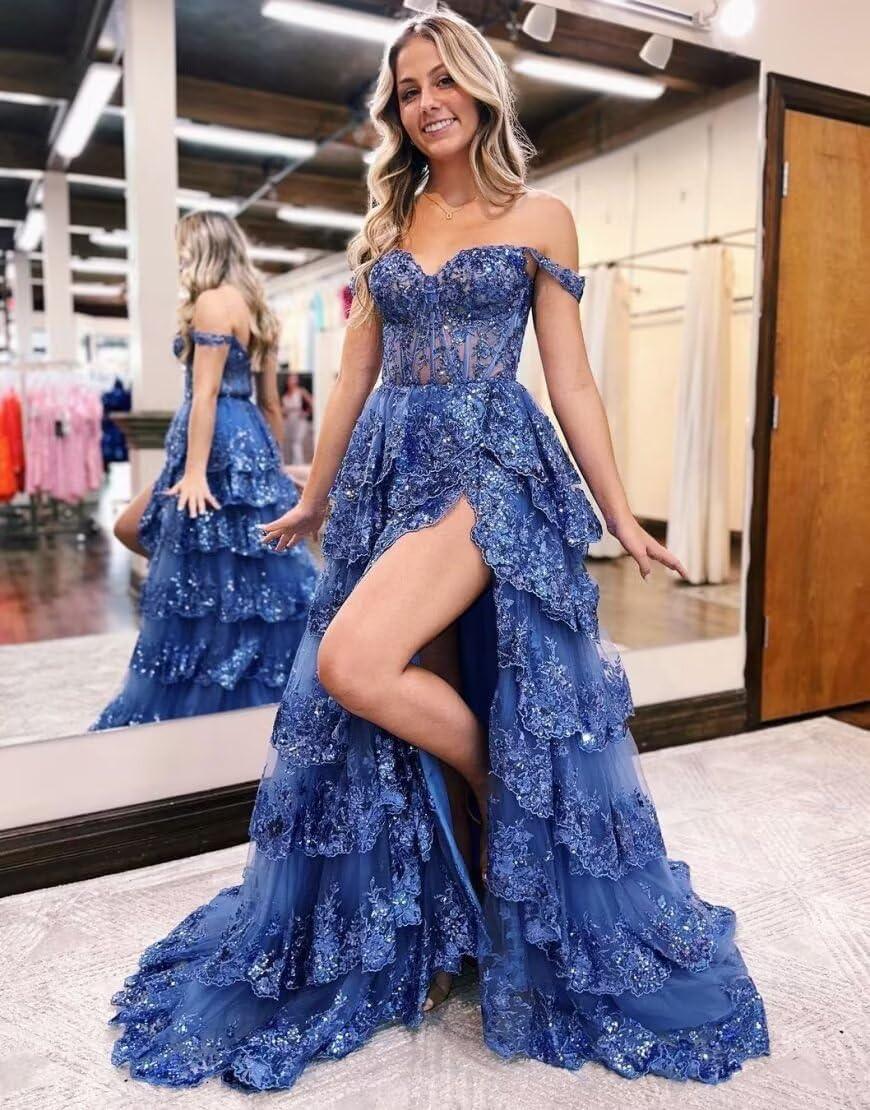 Abito da sera lungo formale 2025 con corsetto, spalline sottili, balze di pizzo e tulle scintillanti, con spacco