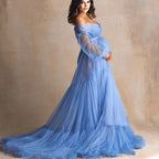 6117#Fluffy Blue Ruffle Tulle Maternity Dress for Photoshoot Off Shoulder Pregnancy Photography Dress Maternity Gown Robes with Sash