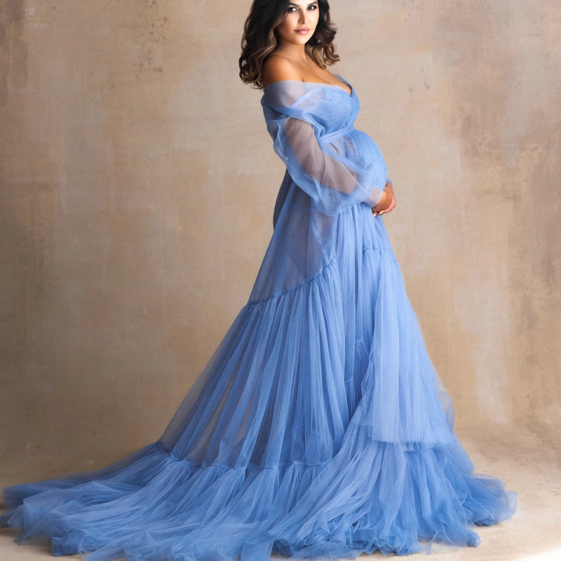 6117#Fluffy Blue Ruffle Tulle Maternity Dress for Photoshoot Off Shoulder Pregnancy Photography Dress Maternity Gown Robes with Sash