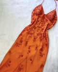 Vestido Comprido de Festa Laranja Bonito com Tiras e Contas Y7506