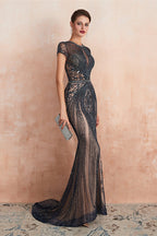 Elegant Short Sleeve Jewel Neck Beaded Mermaid Prom Dress