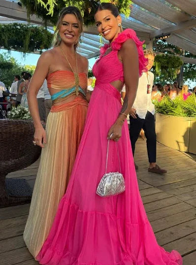 Vestidos de fiesta largos para mujer con escote en V, línea A de gasa con volantes, vestidos de dama de honor sin espalda, vestidos formales de noche Y3043