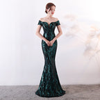 Off the Shoulder Sequined Evening Dress: Long Fish Tail, Slim Fit