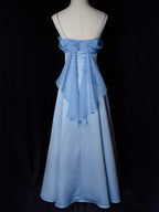 Vestido de Festa Longo em Cetim Azul Elegante com Alças Finas Estilo Linha A Vestido de Baile Y7557