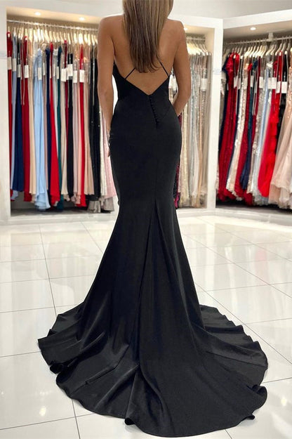 Elegante vestido de fiesta largo de sirena con charmeuse negro y tirantes finos