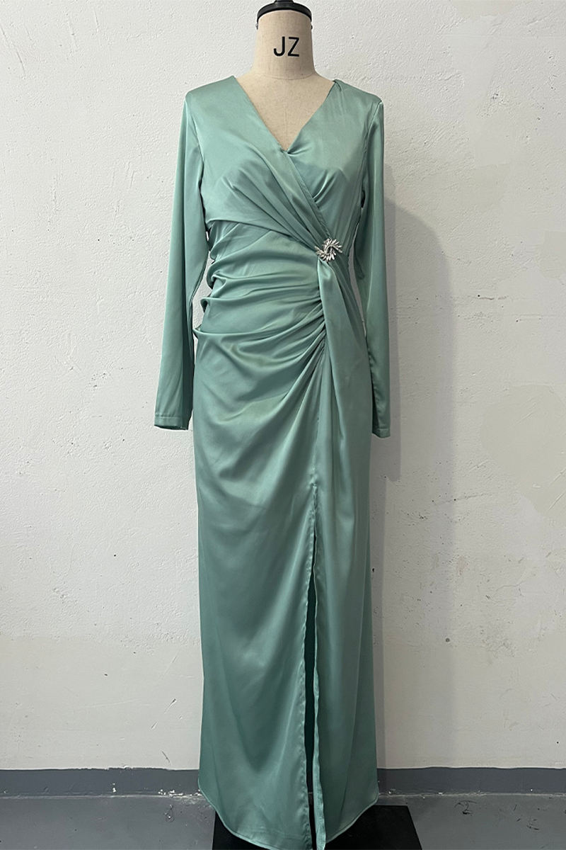 Prom Elegant Hollow Out Slit Ruched V Neck Evening Dresses(4 Colors)