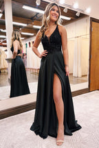 Bmbridal Black V Neck Prom Dress Sleeveless A Line Floor Length Lace Up Back