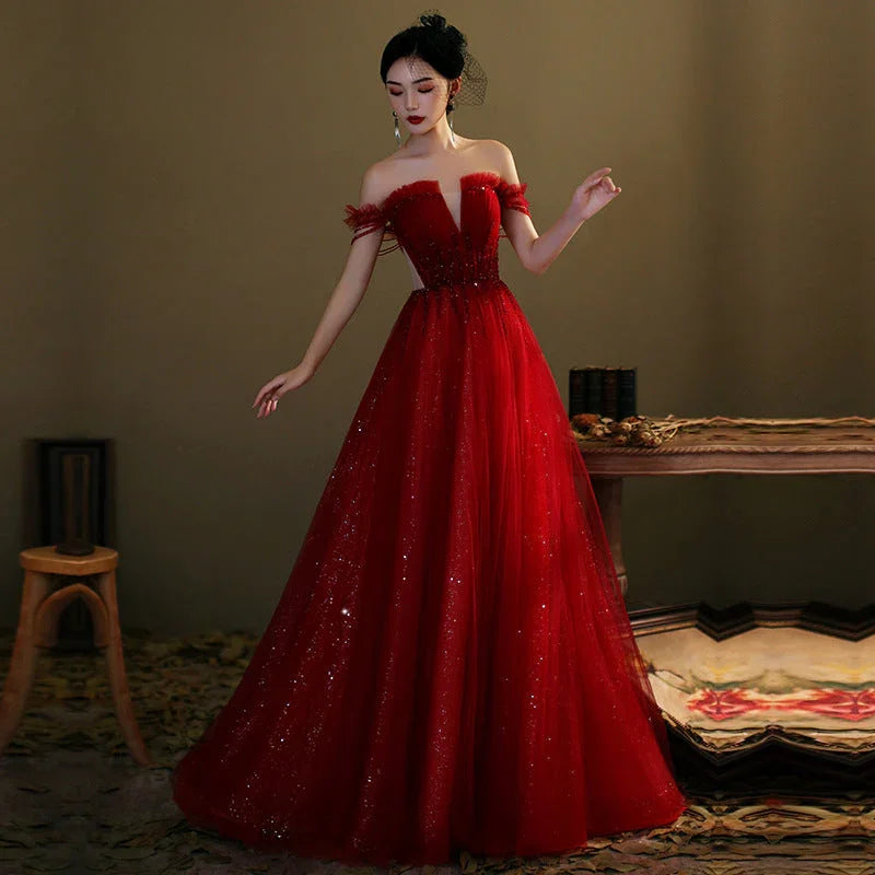 Abito lungo da sera rosso in tulle con paillettes, abito da ballo rosso Y1179