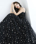 Vestido longo de festa preto com decote coração em tule, vestido de noite preto elegante, vestido de baile Y1159