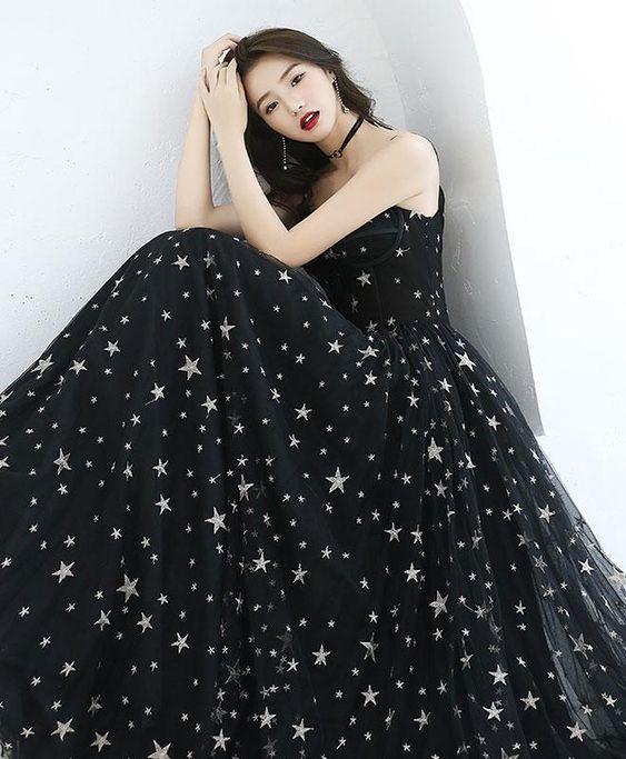 Abito lungo da festa in tulle nero con scollo a cuore, elegante abito da sera nero, abito da ballo Y1159