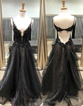 Abito lungo da sera nero in tulle con pizzo e scollo a V, abito da sera nero Y1147