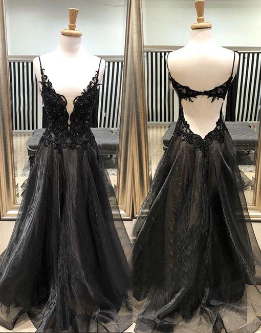 Abito lungo da sera nero in tulle con pizzo e scollo a V, abito da sera nero Y1147