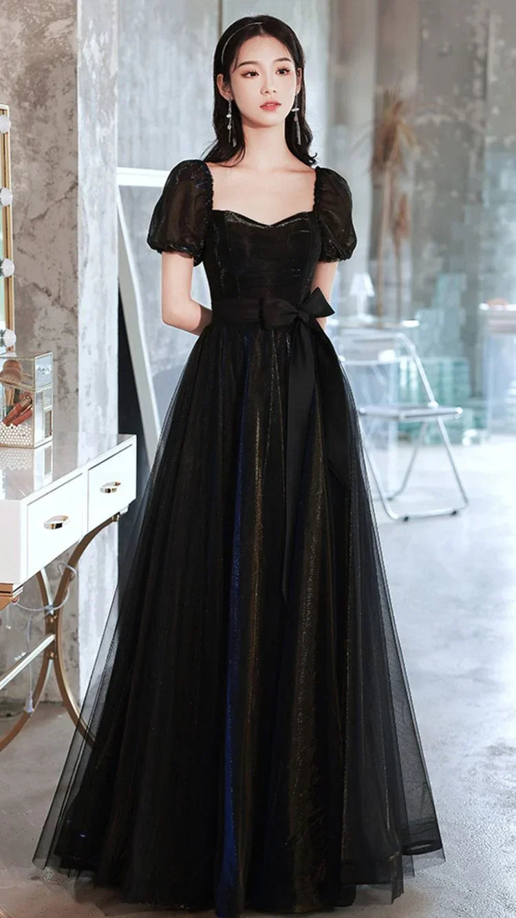 Abito lungo da sera in tulle nero a linea ad A Y1138