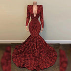 Abito da sera di lusso per ballo di fine anno con scollo a V, maniche lunghe, paillettes, ragazza africana nera, modello sirena, abito da gala formale per festa serale Y1153