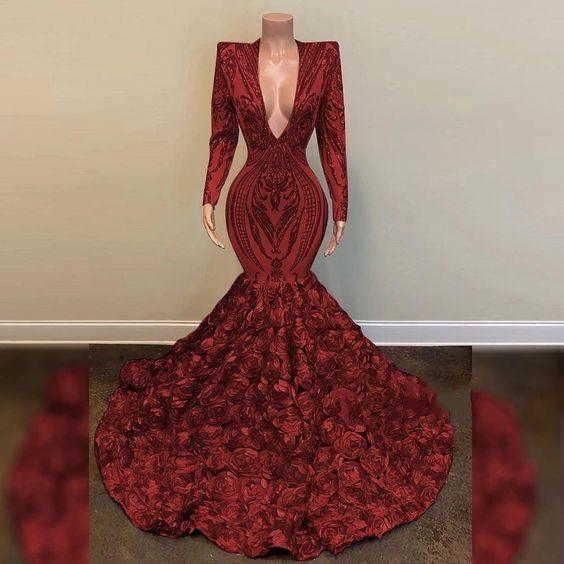 Abito da sera di lusso per ballo di fine anno con scollo a V, maniche lunghe, paillettes, ragazza africana nera, modello sirena, abito da gala formale per festa serale Y1153