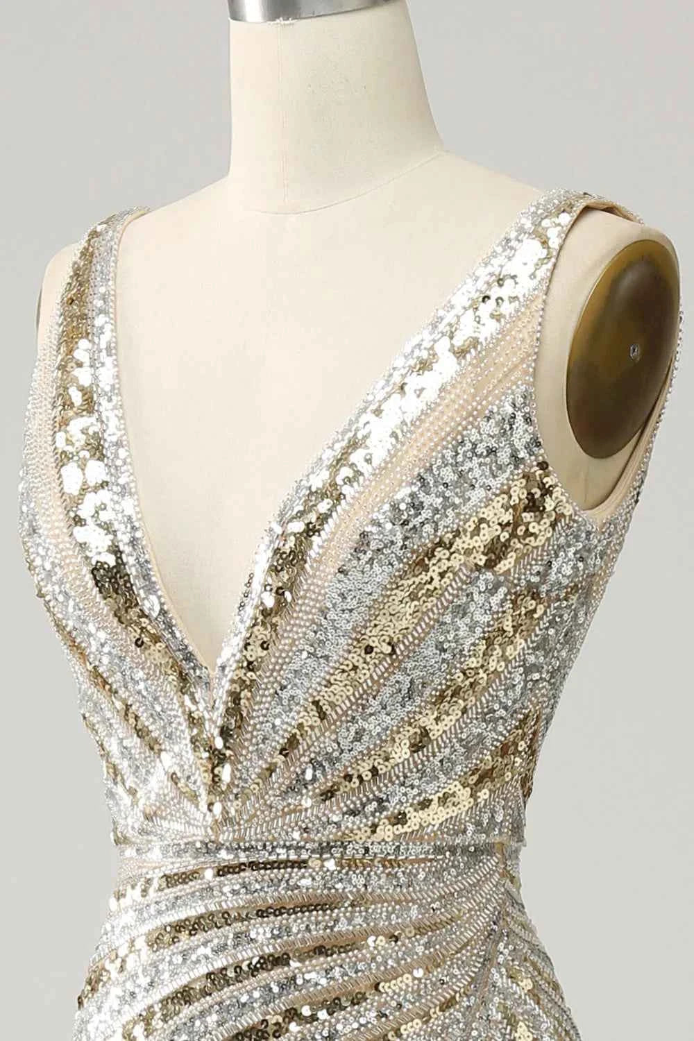 Sparkling Gold Sequined Mermaid Long Prom Dress With Deep V Neck