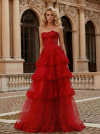 Scarlet Red Strapless Lace Bodice A-Line Tiered Tulle Prom Dress