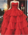 Robe de bal rouge en tulle à volants, bretelles spaghetti, coupe trapèze, robe de soirée rouge Y4644