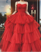 Robe de bal rouge en tulle à volants, bretelles spaghetti, coupe trapèze, robe de soirée rouge Y4644