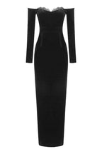 Robe de soirée longue vintage en velours, manches longues et col tombant, cintrée