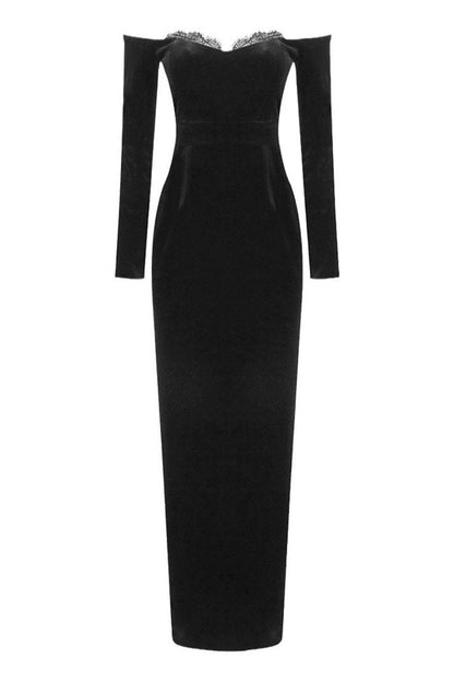 Vestido de noche maxi de terciopelo ajustado con hombros descubiertos y manga larga estilo vintage 
