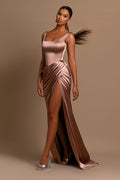 Bmbridal Satin Mermaid Prom Dress With Straps And Front Slit