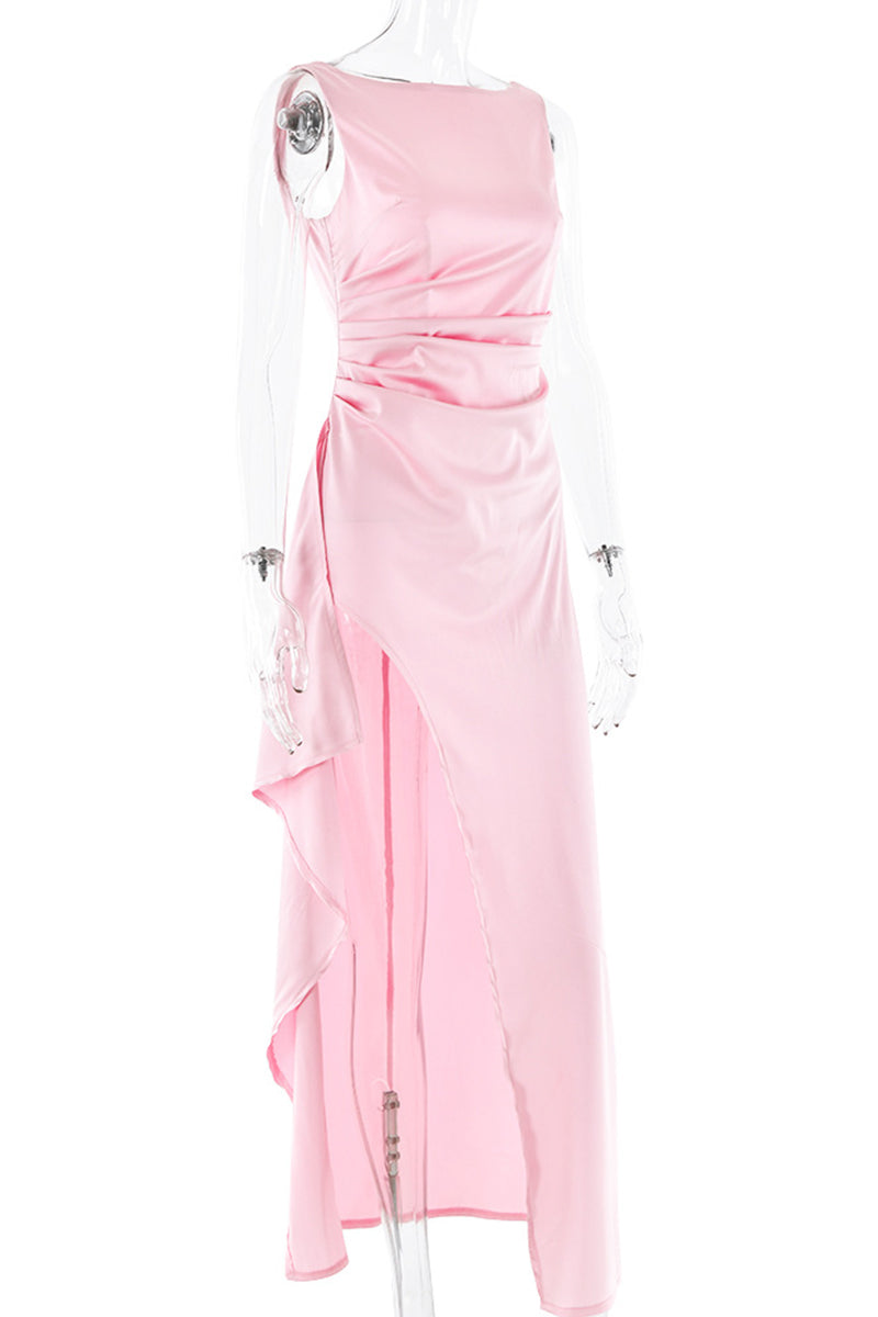 Abiti da sera sexy per il ballo di fine anno, in tinta unita, senza schienale, con balze e drappeggi, scollatura a O (3 colori)