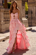 Strapless Sleeveless Pleated Beaded Long Split Prom Dress