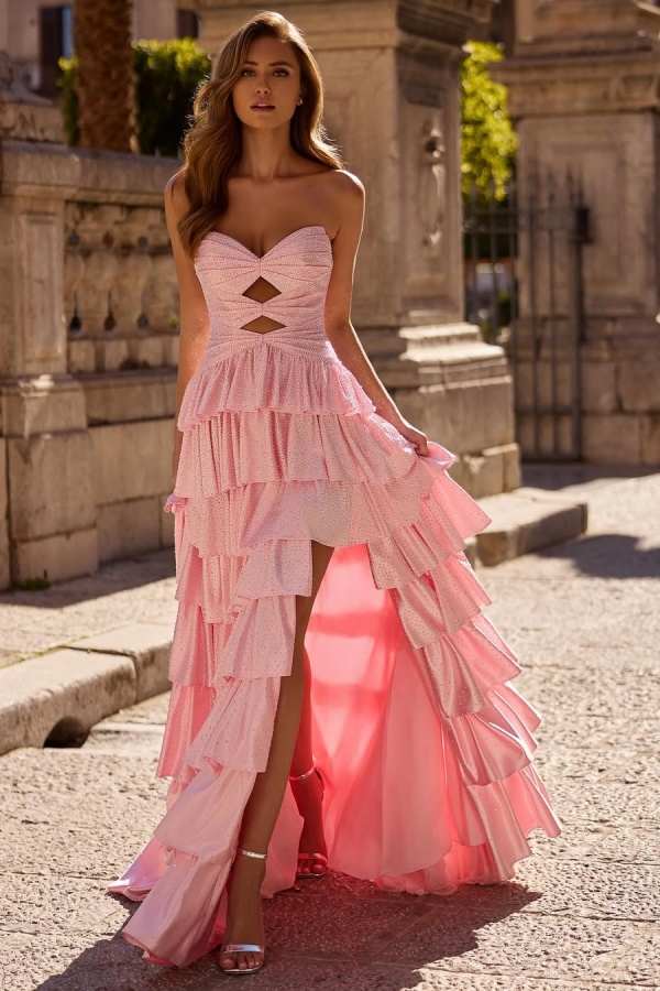 Strapless Sleeveless Pleated Beaded Long Split Prom Dress