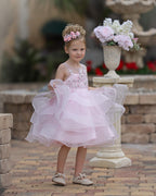 Pink Knee Length Flower Girl Tulle Dress With Scoop Neck And Floral Appliques