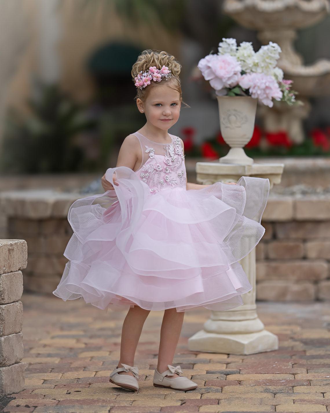 Pink Knee Length Flower Girl Tulle Dress With Scoop Neck And Floral Appliques