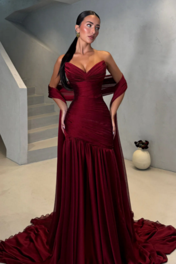 Custom Chiffon Strapless Mermaid Pleated Long Prom Dress Sleeveless