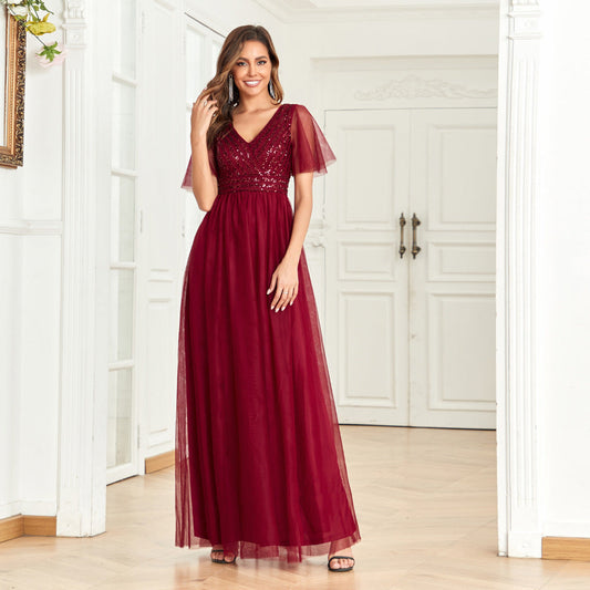Vestido de noche elegante rojo vino con escote en V para mujer, corte A, espalda con cremallera, costura de malla, lentejuelas, manga corta, vestido de novia 
