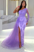 Lilac One Shoulder Long Sleeve Mermaid Evening Dress Lace Appliques Slit