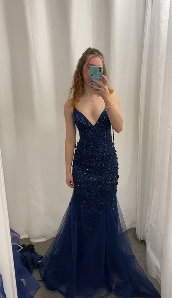 Abito da sera vintage blu marina a sirena sexy Y7888